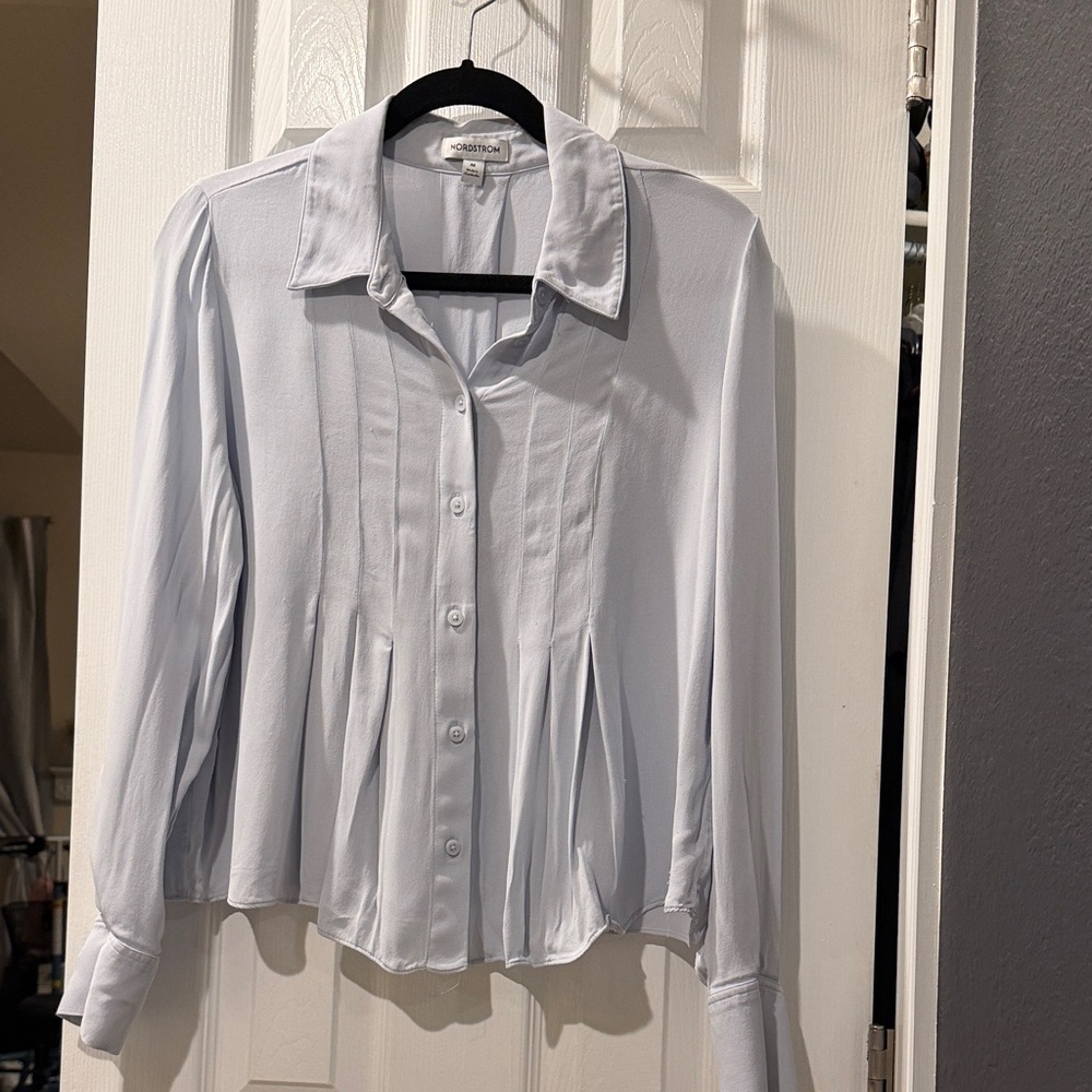 Nordstrom Light Blue Pleated Button-Front Blouse